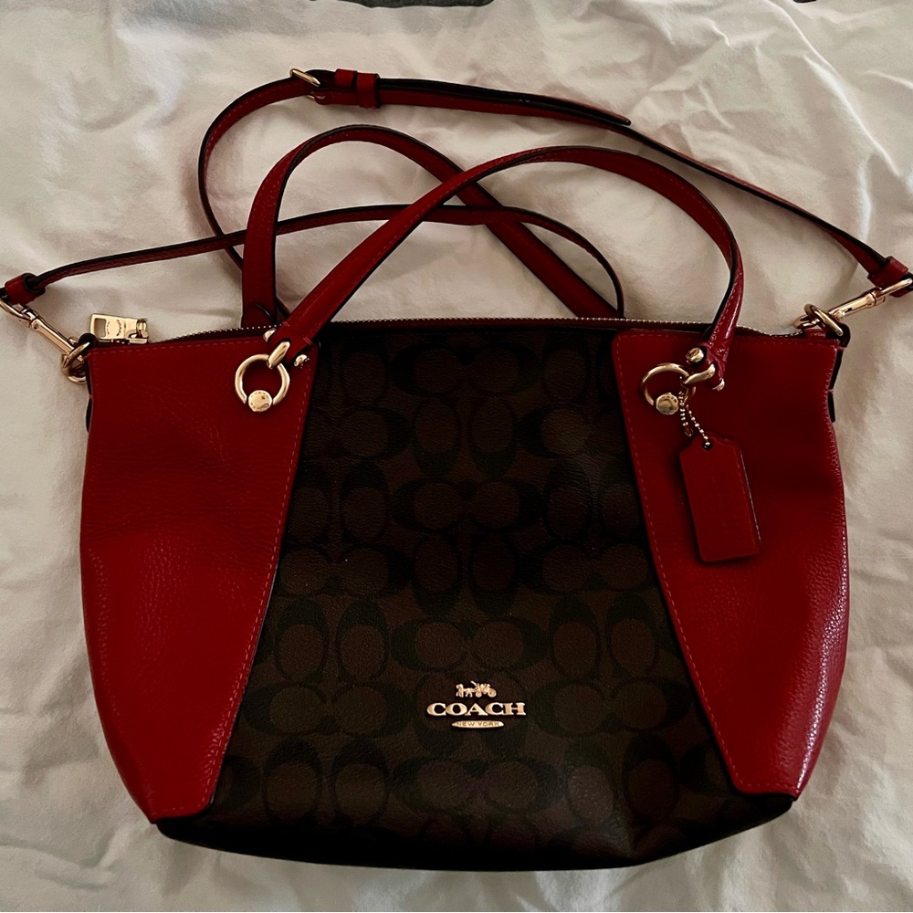 Coach Brown Signature Tote with Red Trim